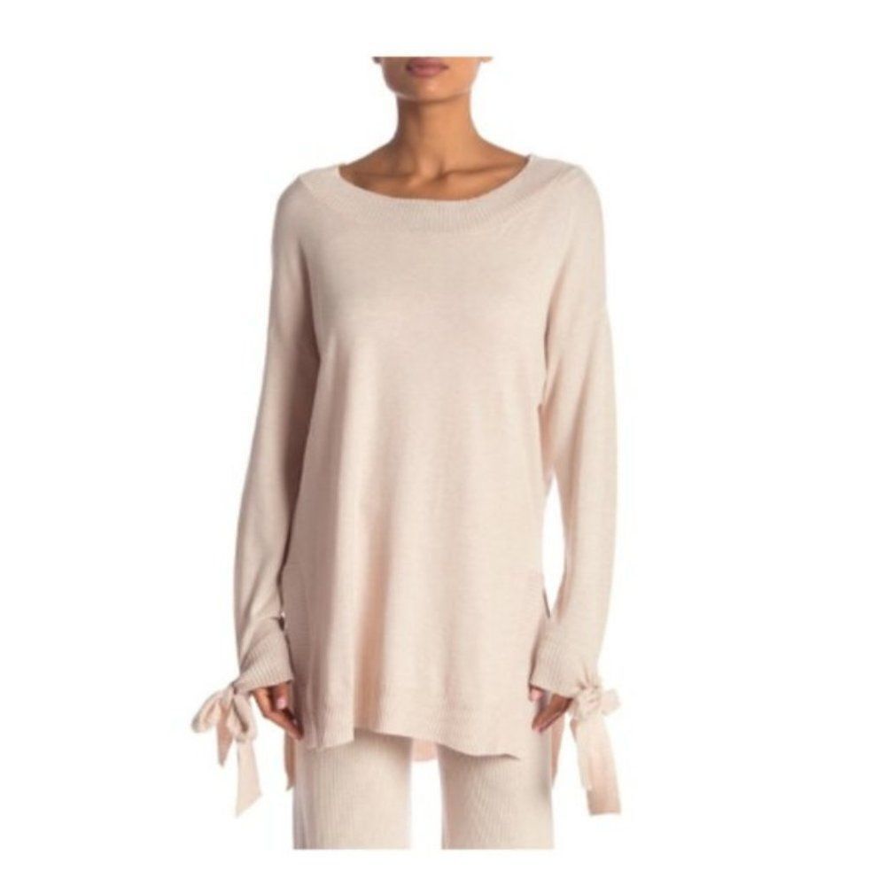 Shimera Rib Trim Tie Sleeve Hi-Lo Sweater size L